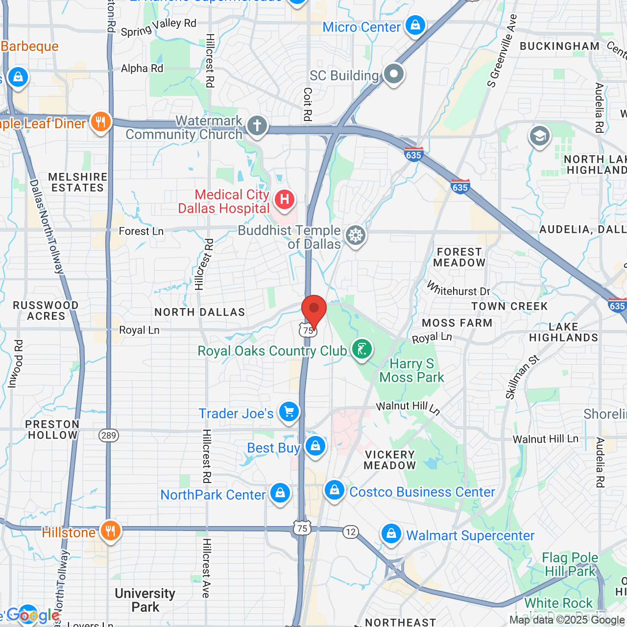 Google map image of our location in 10740 N Central Expy Dallas, TX